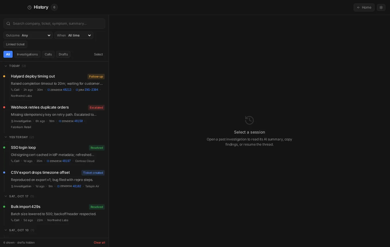 Searchable case timeline filtered by outcome with linked tickets
