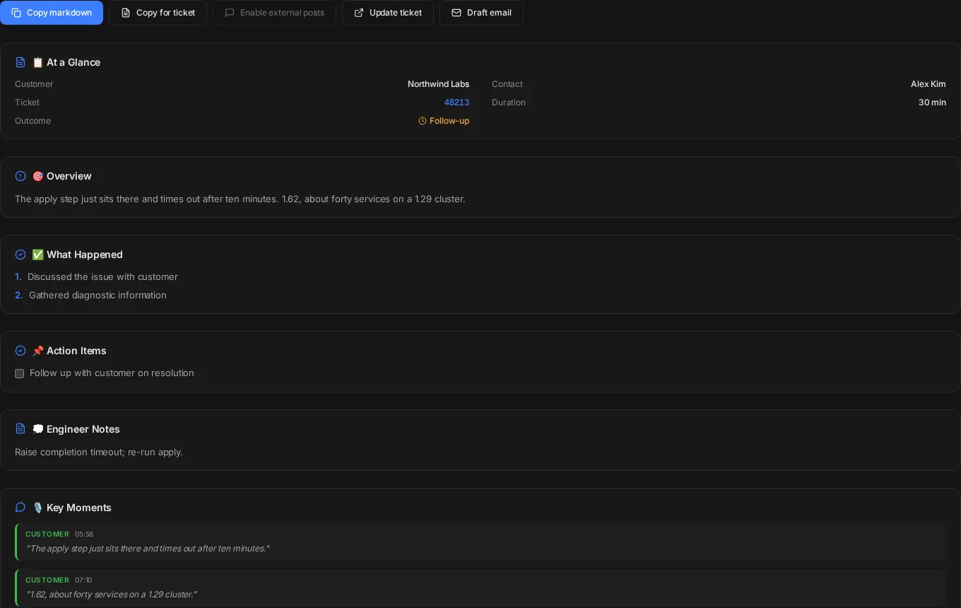 Call summary with key moments and action items
